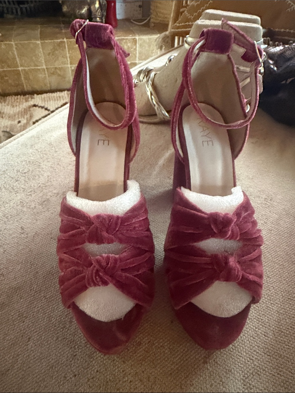 RAYE Giselle Velvet Platform Heels in Rich rose 70s disco holiday